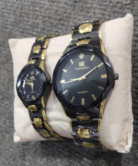 Elegant Couple Watch Set – Luxury Quartz Wristwatches for Him & Her with Dual-Tone Metal Strap - BLACK